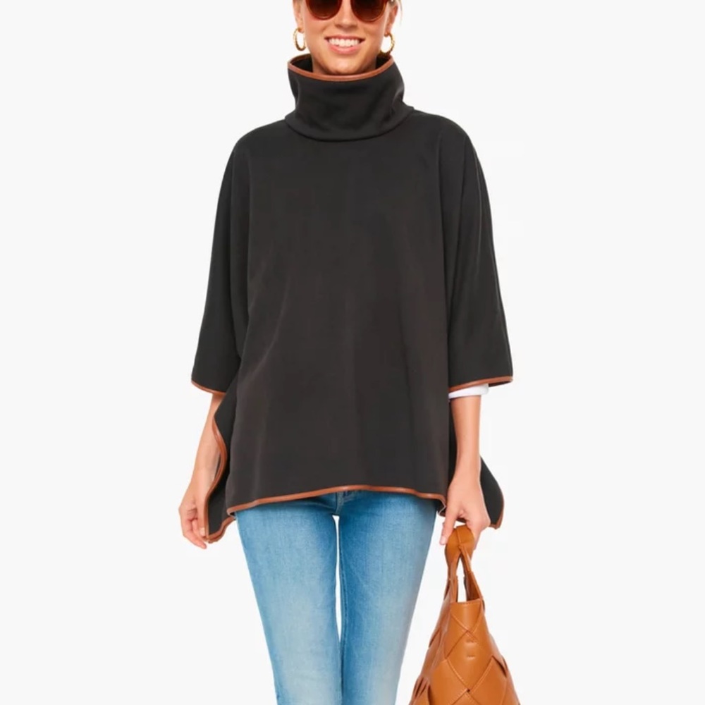 Tuckernuck Black Leather Trim Funnel Neck Piper Poncho, One Size